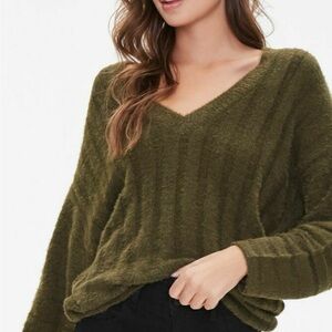 Olive Green V-Neck Women Sweater
